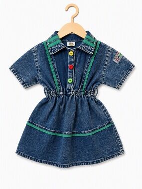 Vintage 80s Creysi Kids Captain Acid Wash CAMP Green Trim Toddler Dress 3X